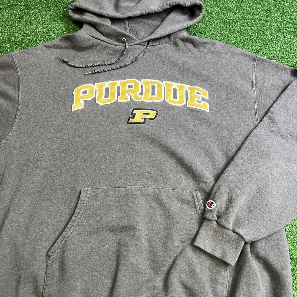 Purdue University Gold Letters Spellout Hoodie Gray Logo Mens Size XL Champion